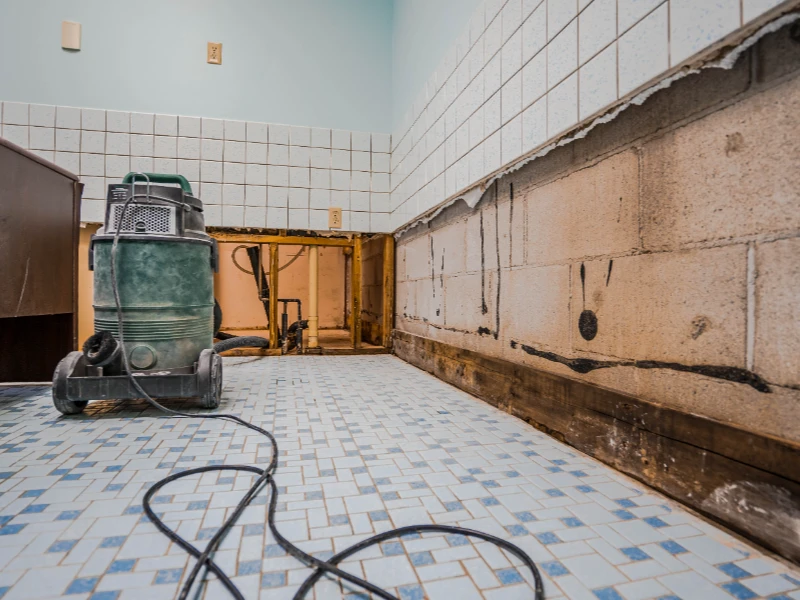 Water damage repair showing removed lower wall tiles and a wet/dry vacuum on tiled floor. certified restoration company