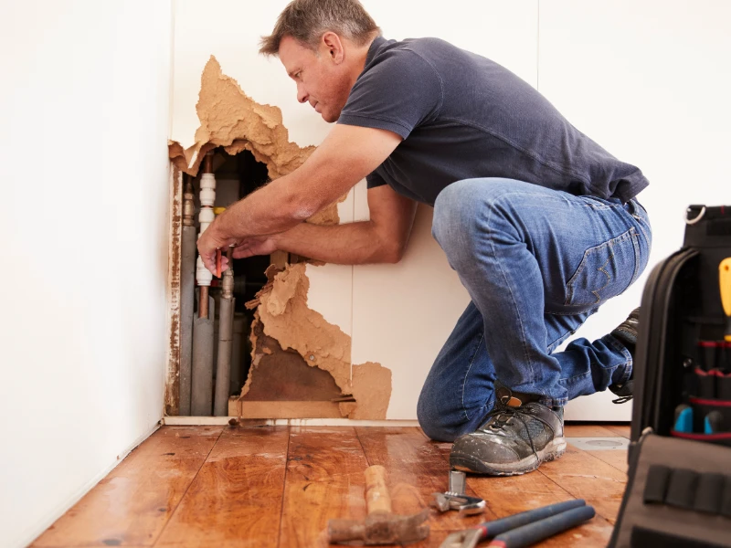 Man kneeling and repairing exposed plumbing behind a damaged wall panel.