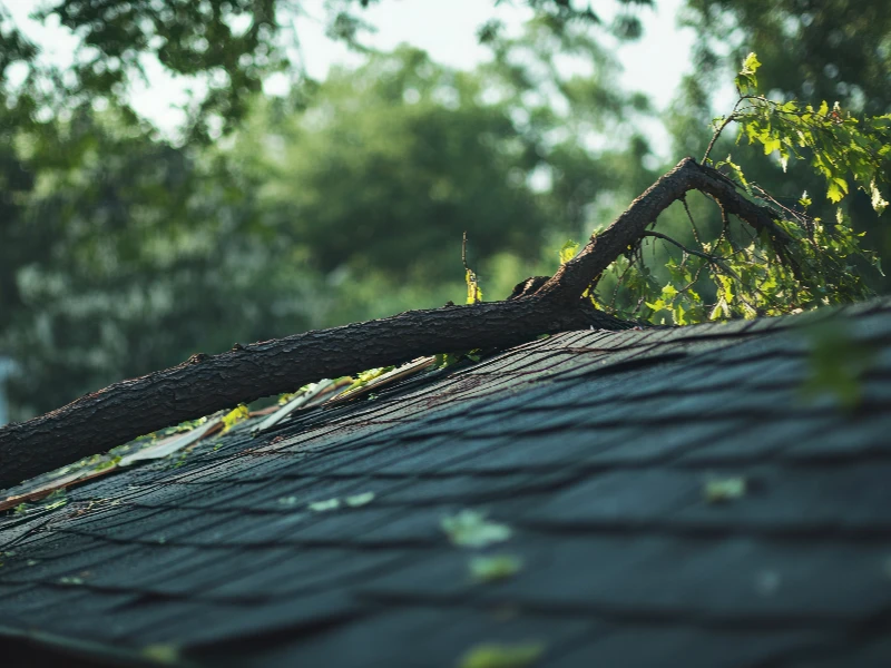 Tree branch fallen on a shingled roof with green leaves and blurred trees in the background. storm damage restoration